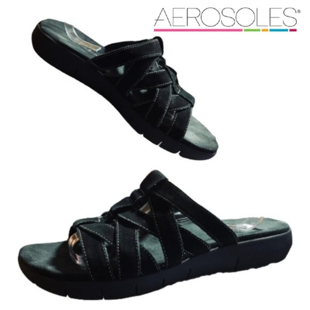 AEROSOLES | SZ 10 BLACK SUEDE SLIP ON SANDALS
